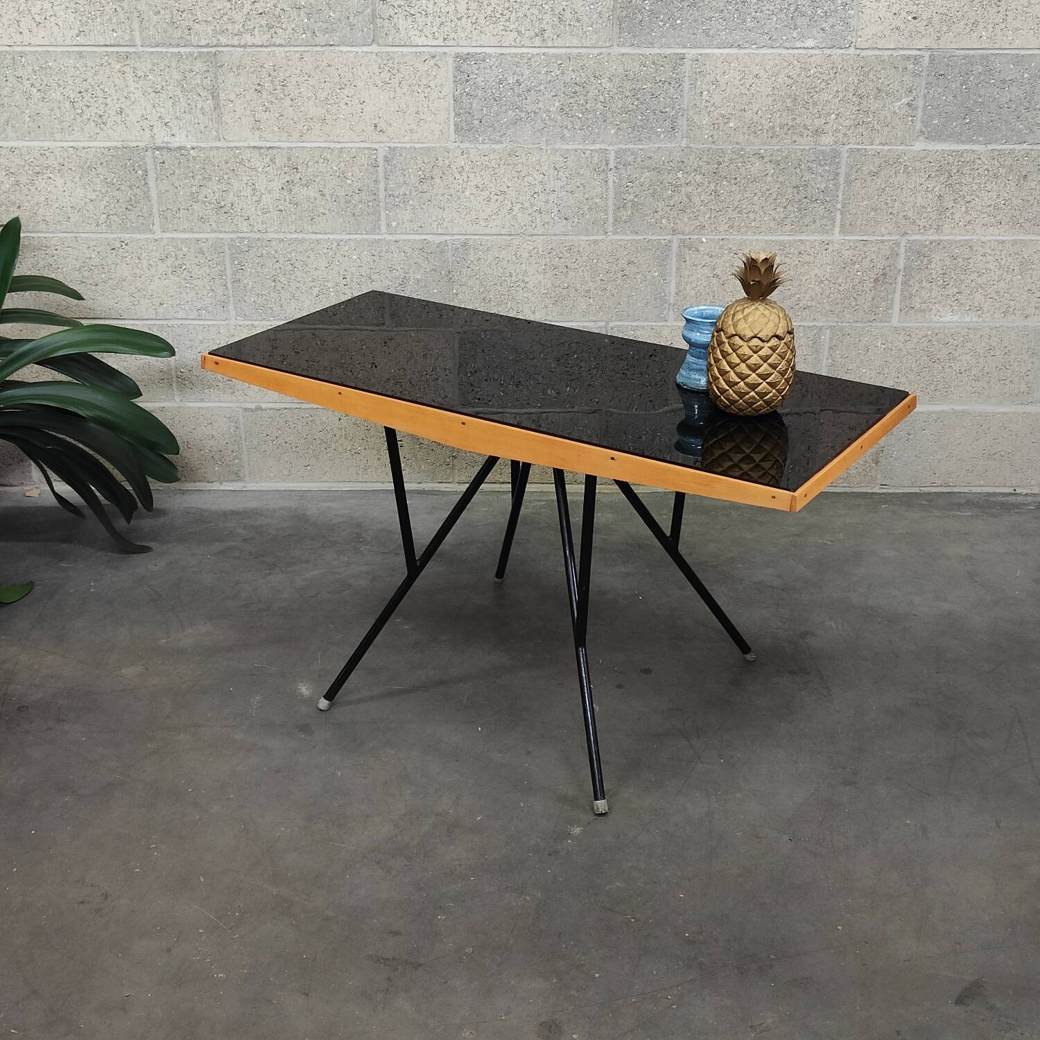 Metal and wood table, black Opaxit top, Czech Republic 1960