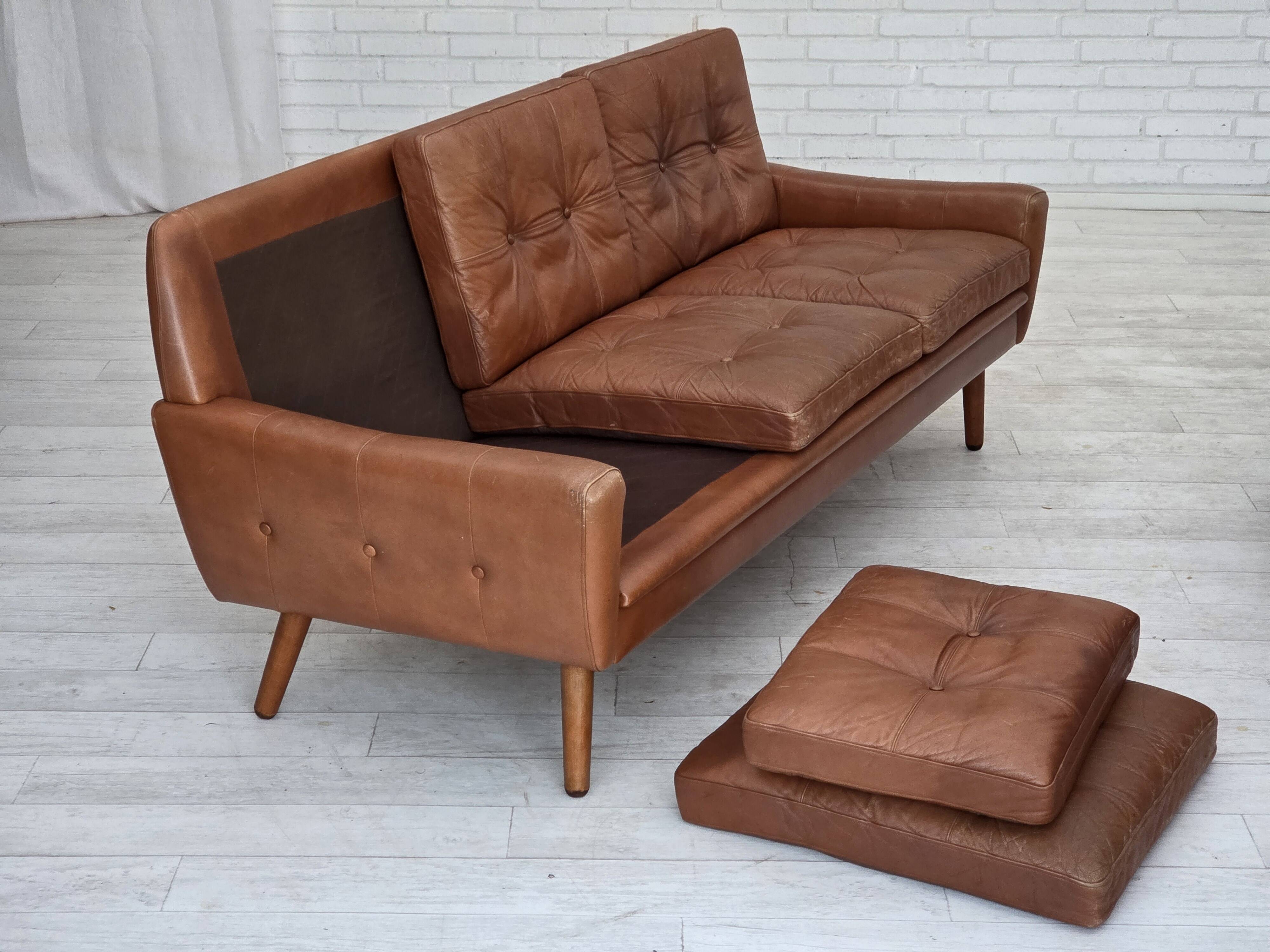 1970s, 3-seater Danish sofa, brown furniture leather with patina.