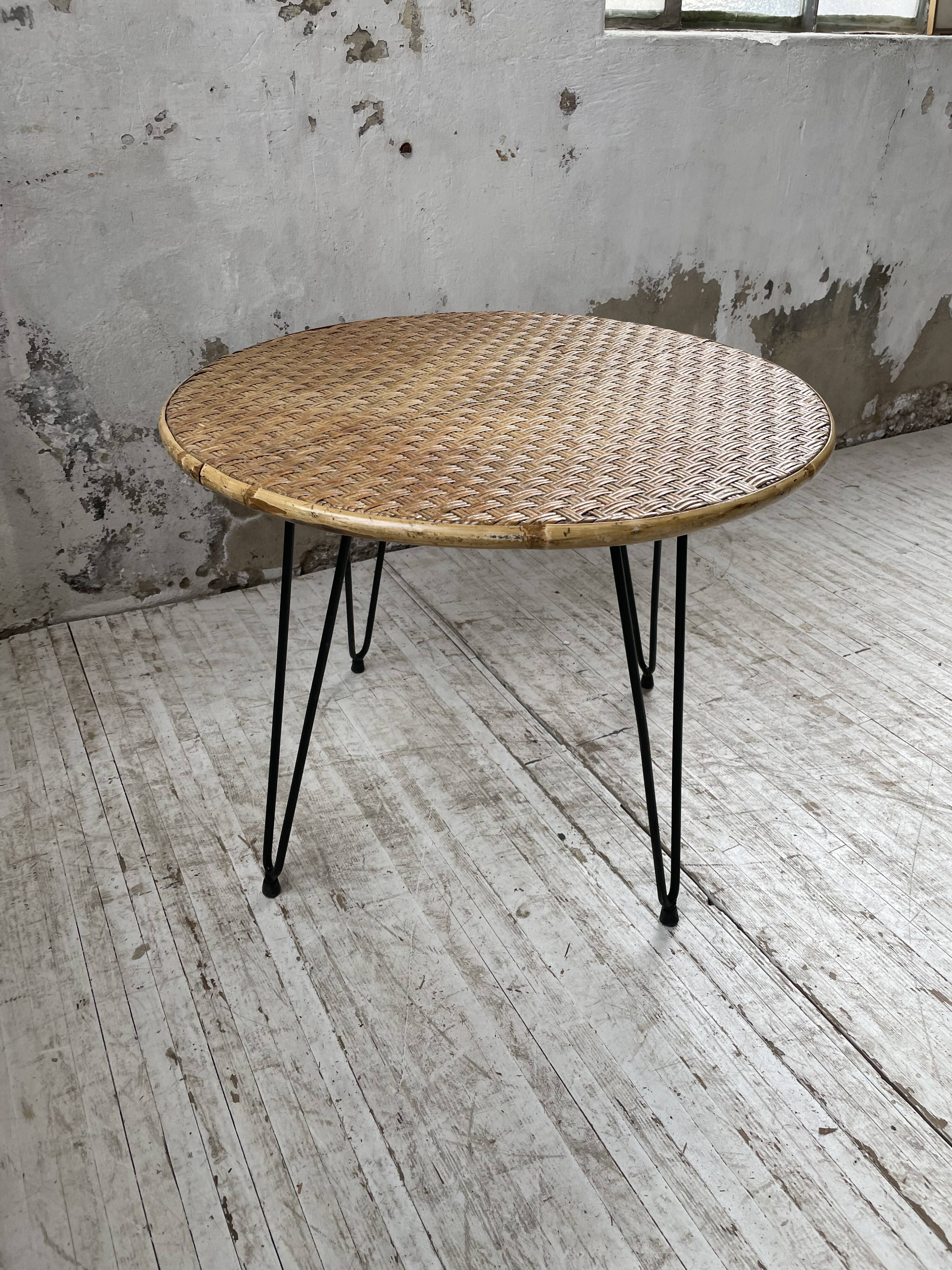Wicker and metal coffee table from the 1950s