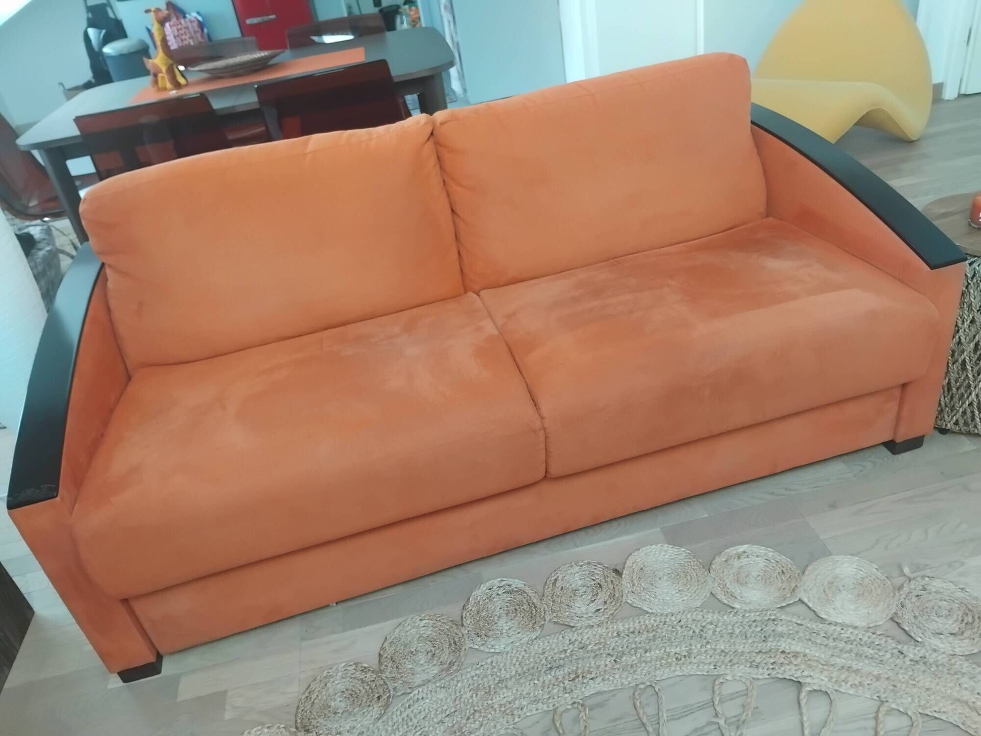 3-seater convertible sofa in brick orange & blackened wood – Diva Salon x Simm