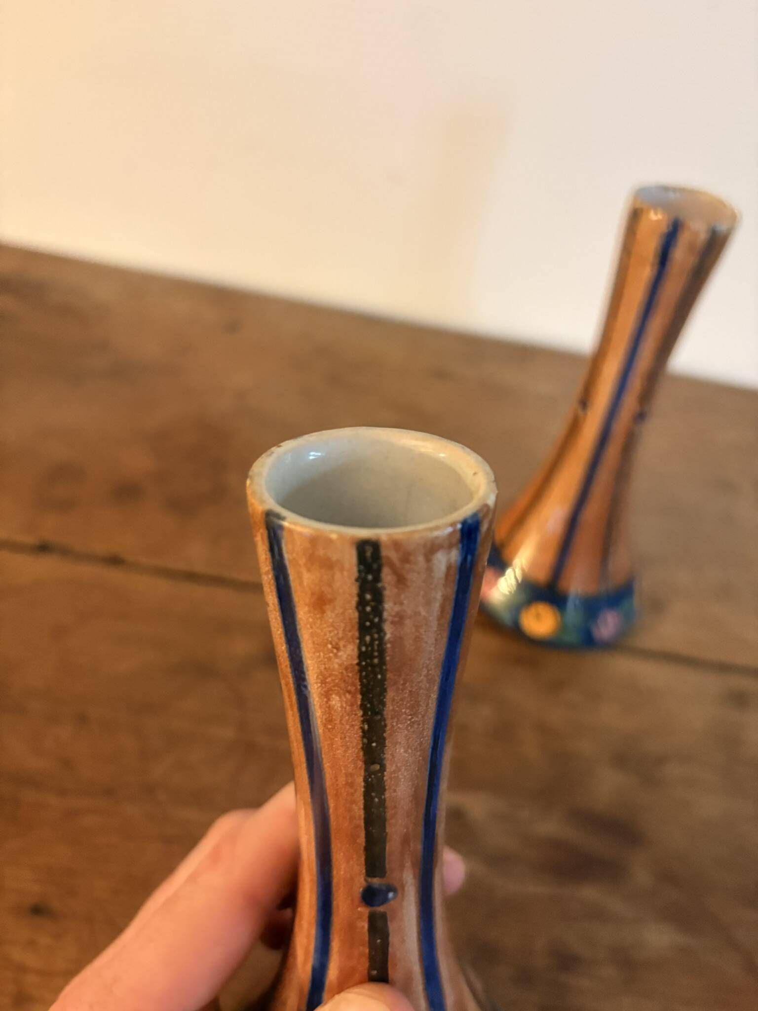 Pair of Soliflore Vases Faience HB Quimper Art Deco Decor 1930 Signed