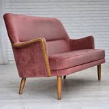 1970s, 2-seater Swedish sofa, pink furniture velour, beech wood.