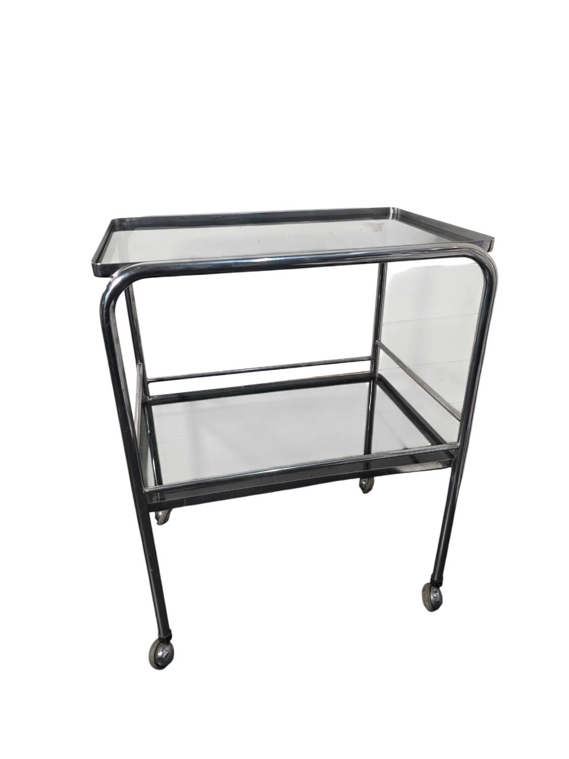 Vintage chrome metal dessert trolley with smoked glass from the 1970s.
