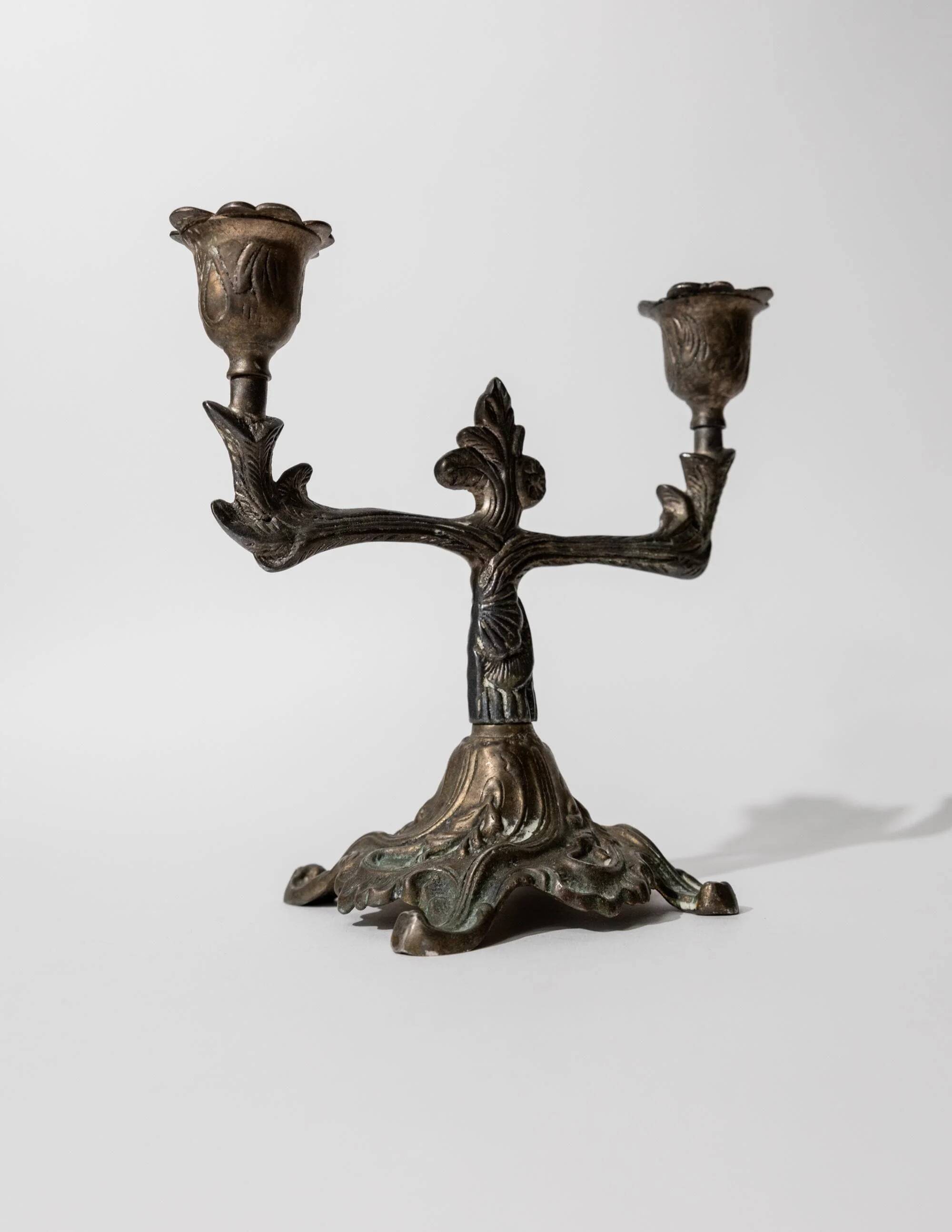 Vintage bronze candlestick for two candles, 1910s, Art Deco design.