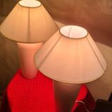 pair of 1970s lamps in matte pink ceramic and off-white lampshades, new inte
