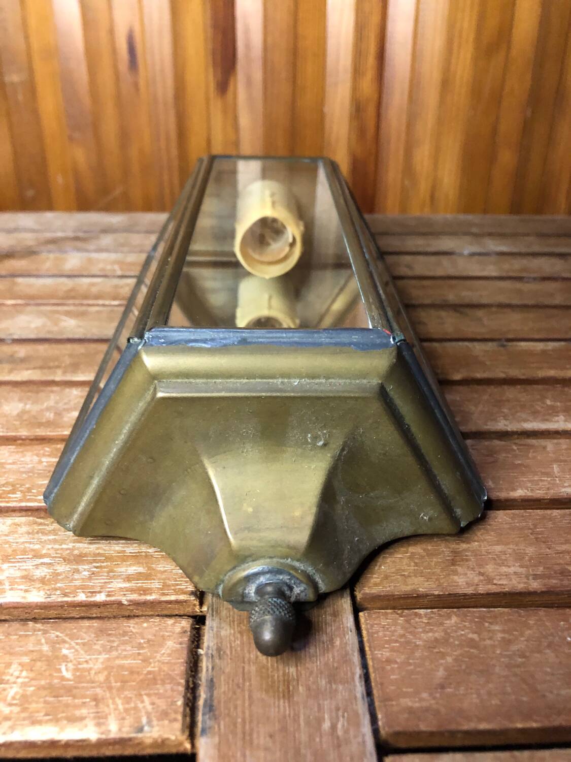 Old Brass Lantern Wall Lamp with Mirrored Background + Vintage Glass Plates