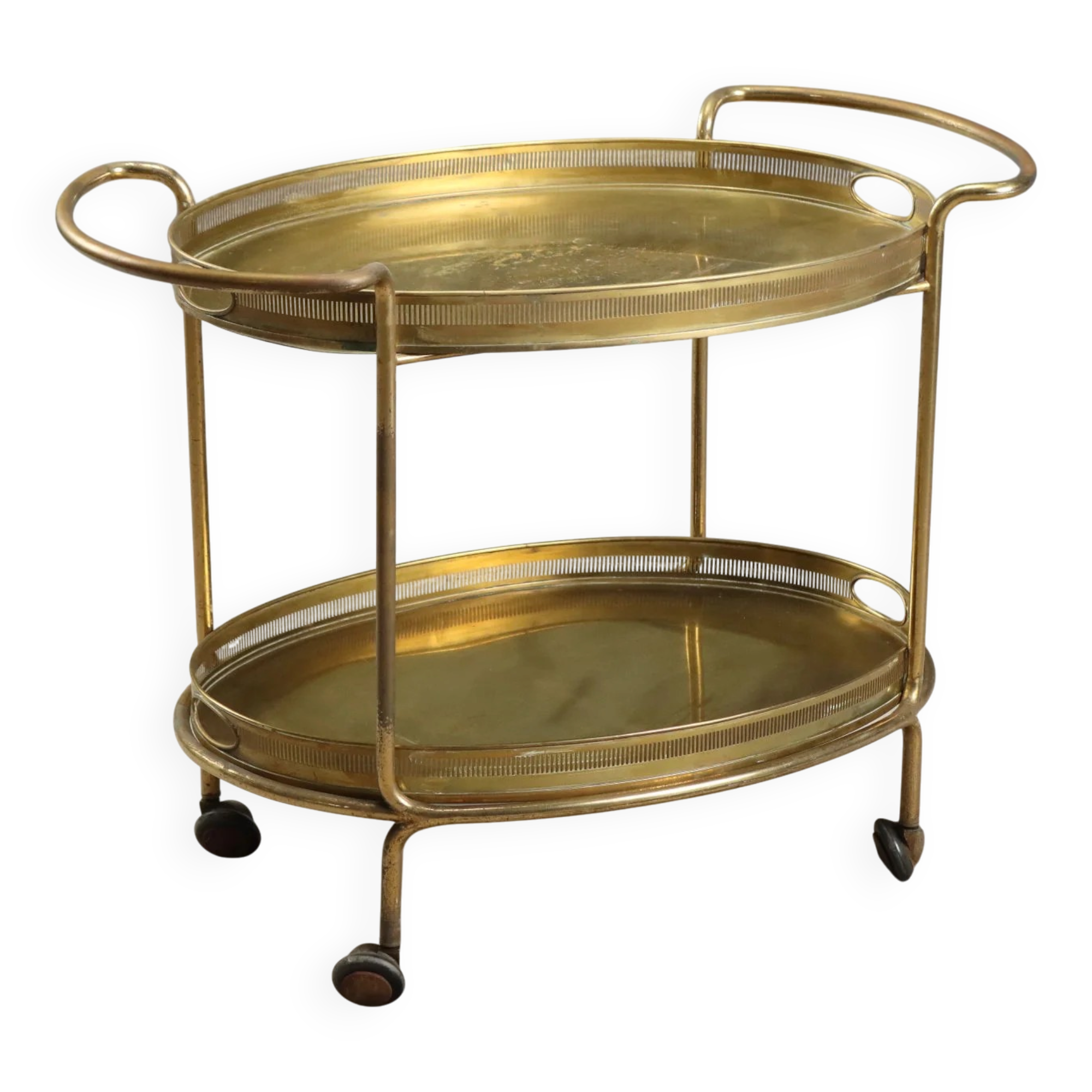 Vintage double-tier brass serving trolley, 1950s design.
