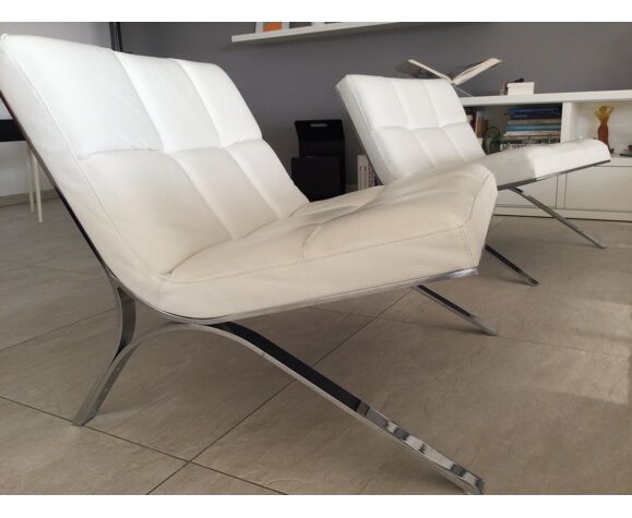 Set de 2 fauteuils Skool Roche Bobois structure chromée, assise mousse,  revêtement cuir vachette blanc | Selency