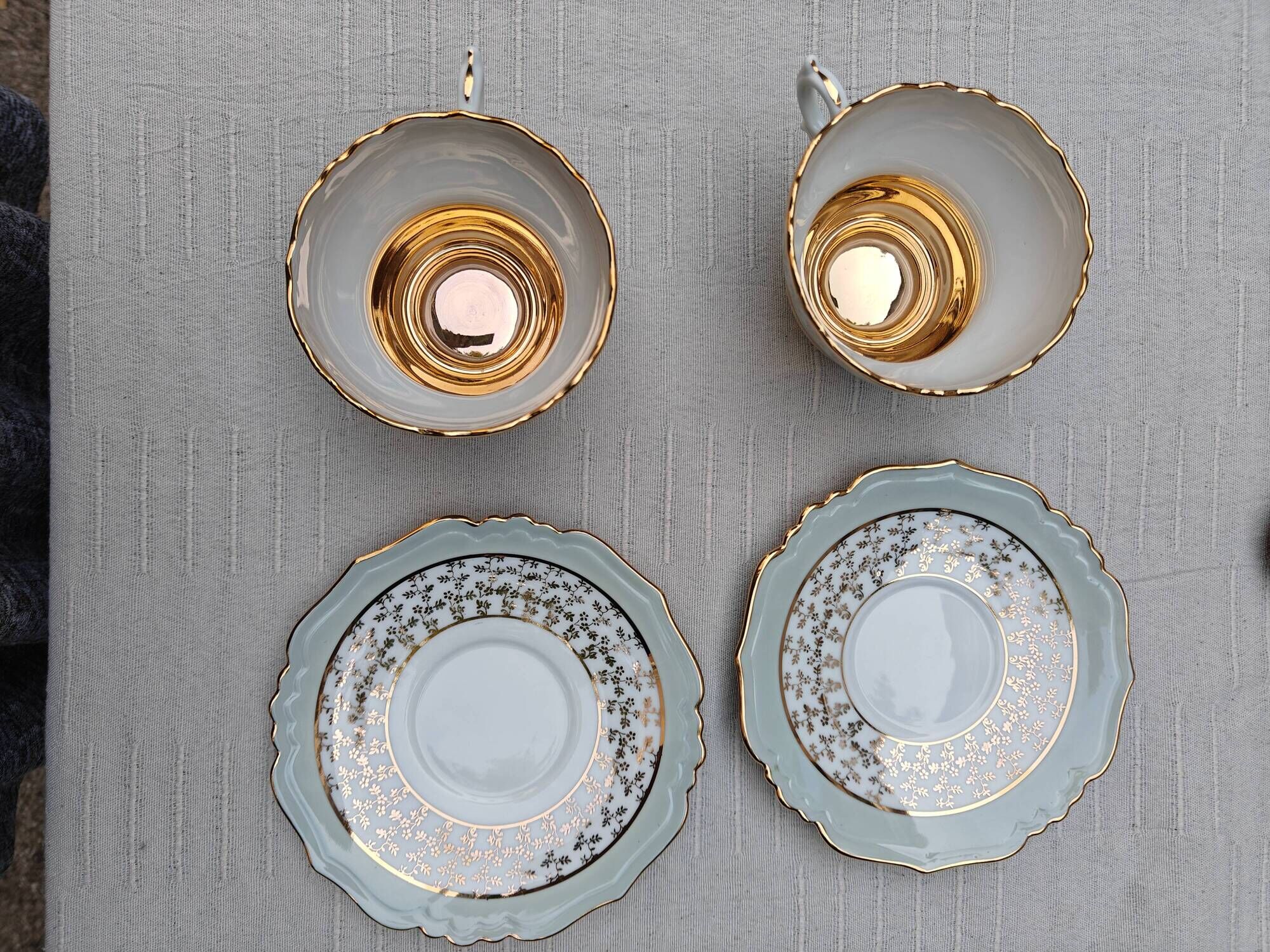 Duo of tea cups and saucers Limoges Lucien Michelaud - Green porcelain