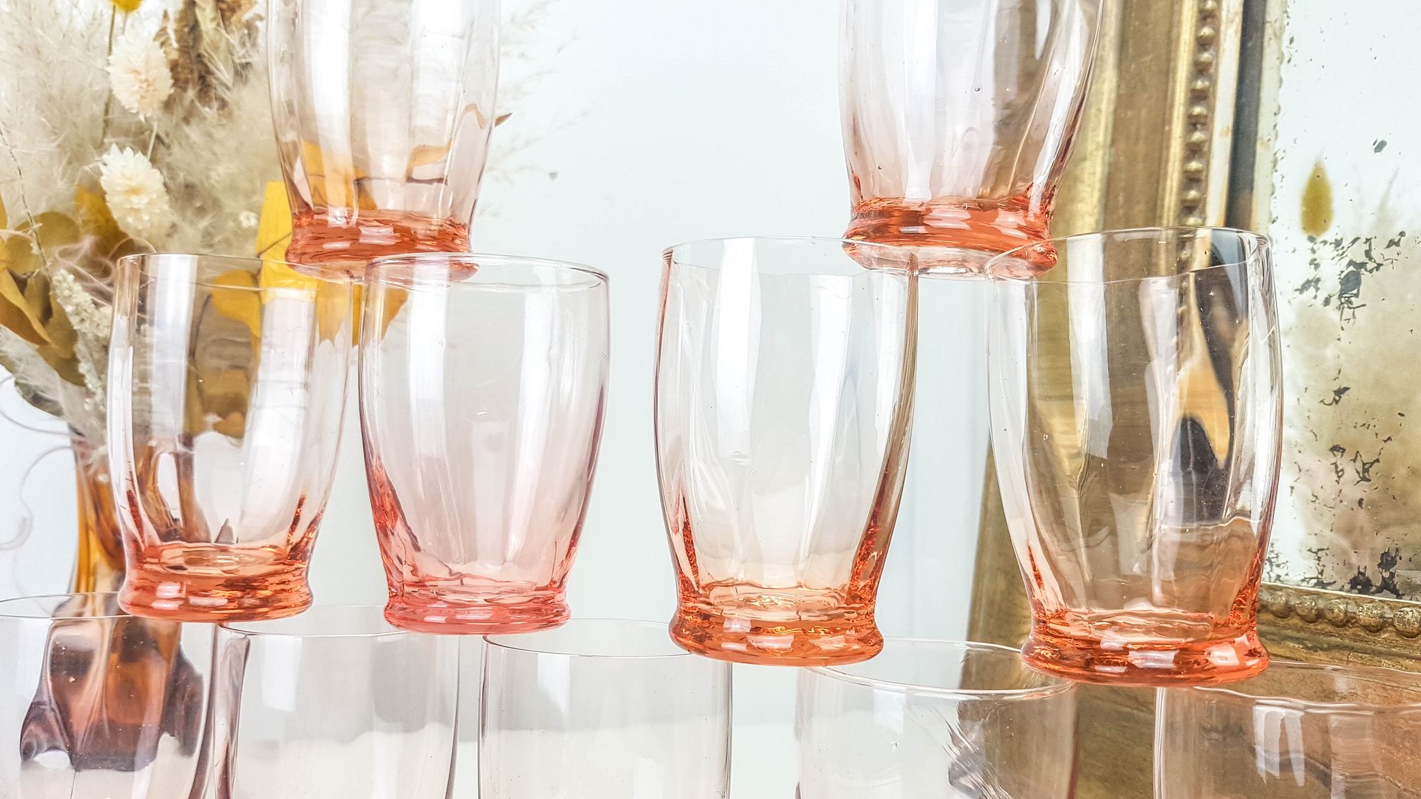 Lot of 11 vintage verrine pink glass liqueur glasses