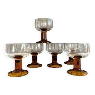 6 verres à pied anciens seventies pied ambré marron verre à vin ou à eau
