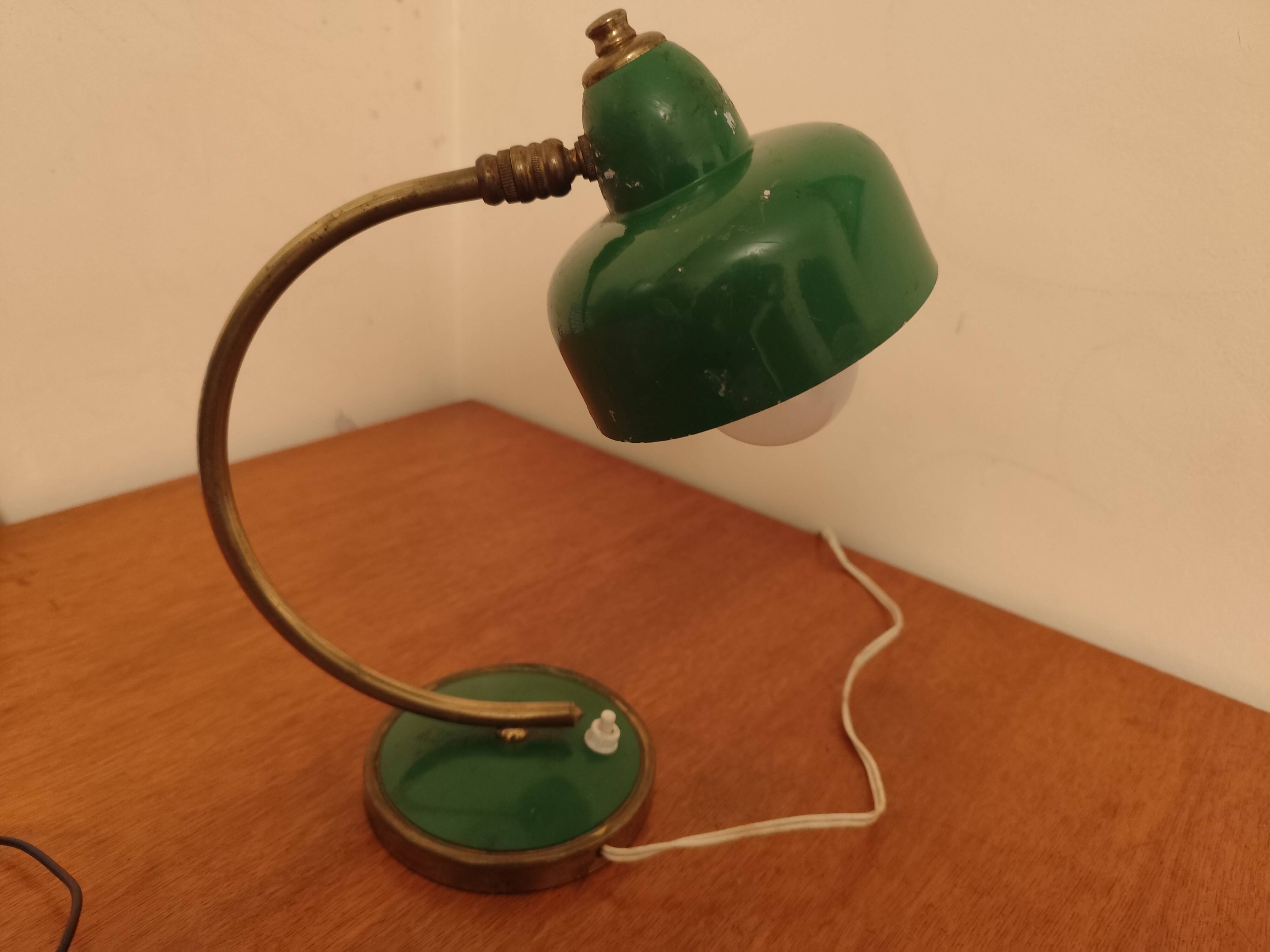 Vintage Scandinavian Art Deco desk lamp from the 40s, golden brass, retro, moon shape, swan neck