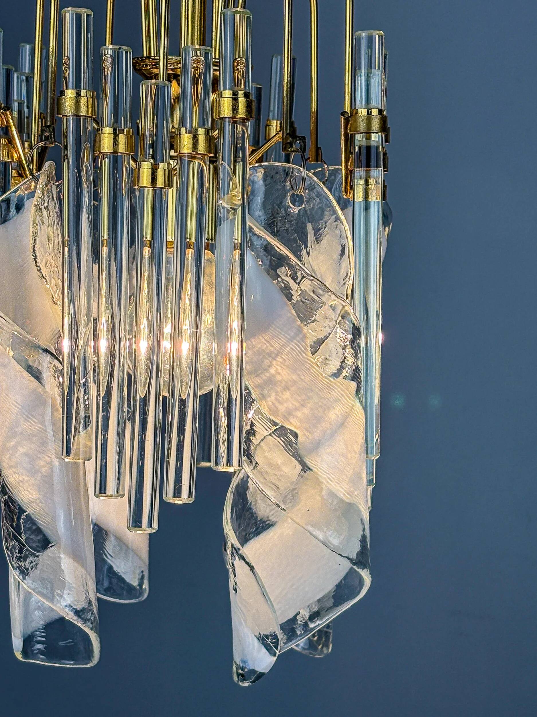 Murano glass cascade chandelier – twisted prisms & tubes, brass frame, Italy 1970s