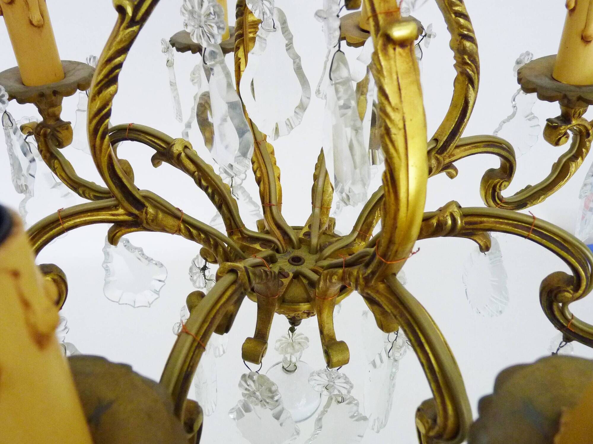 Bronze cage chandelier with glass pendants, 8 lights. tassel chandelier. 60s