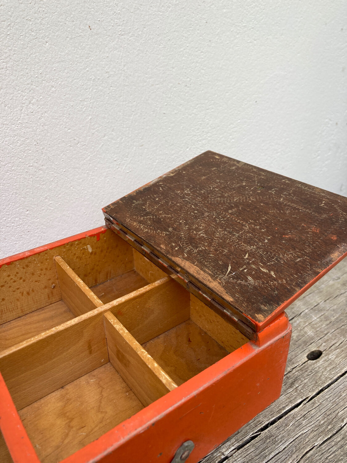 Orange wooden sewing box 1960 1970