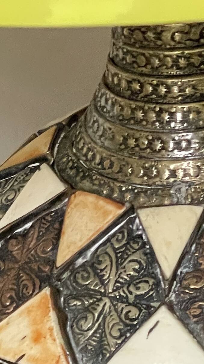 Vintage handcrafted lamp, pottery and silver-plated metal