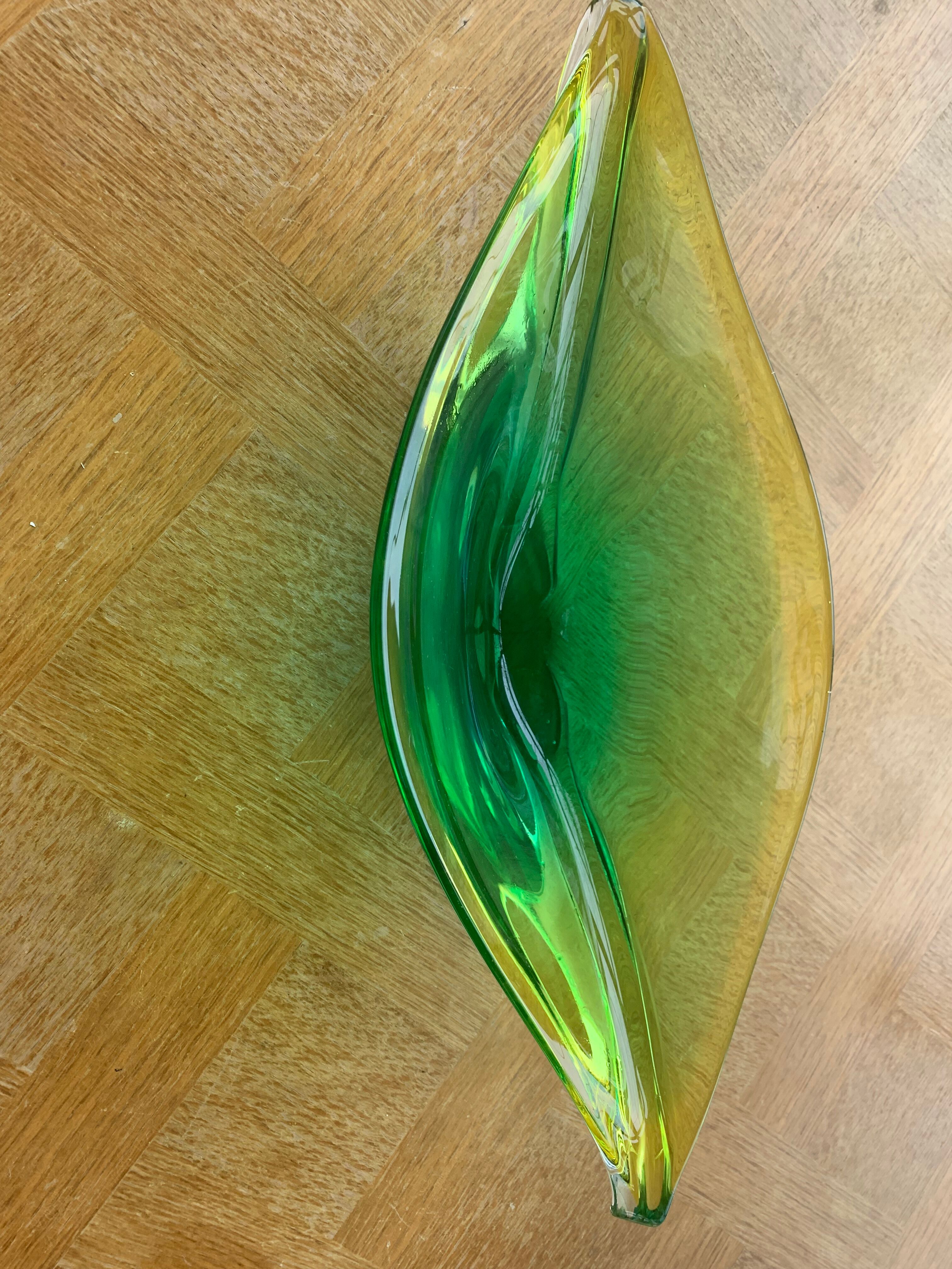 Glass fruit cup in the shape of a vintage yellow green vegetable leaf