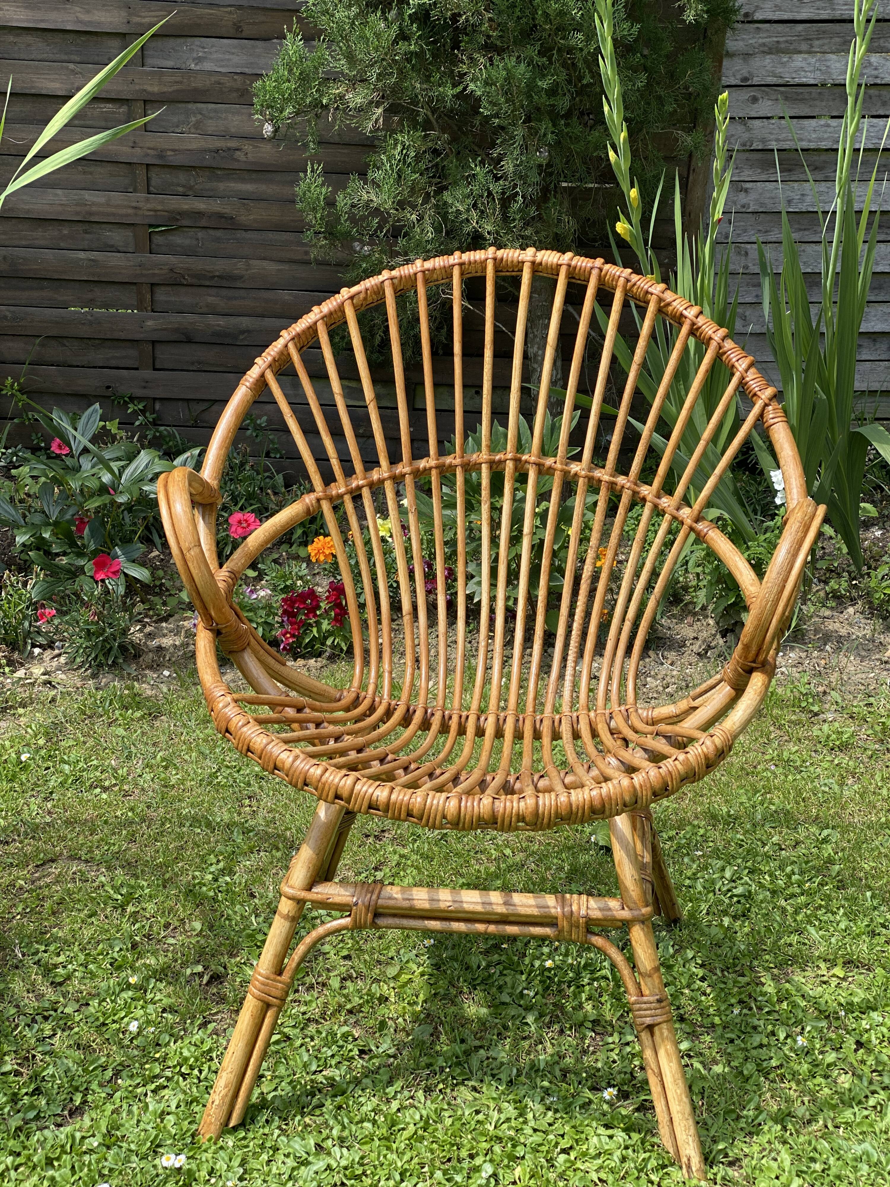 Paire de fauteuils rotin corbeille vintage
