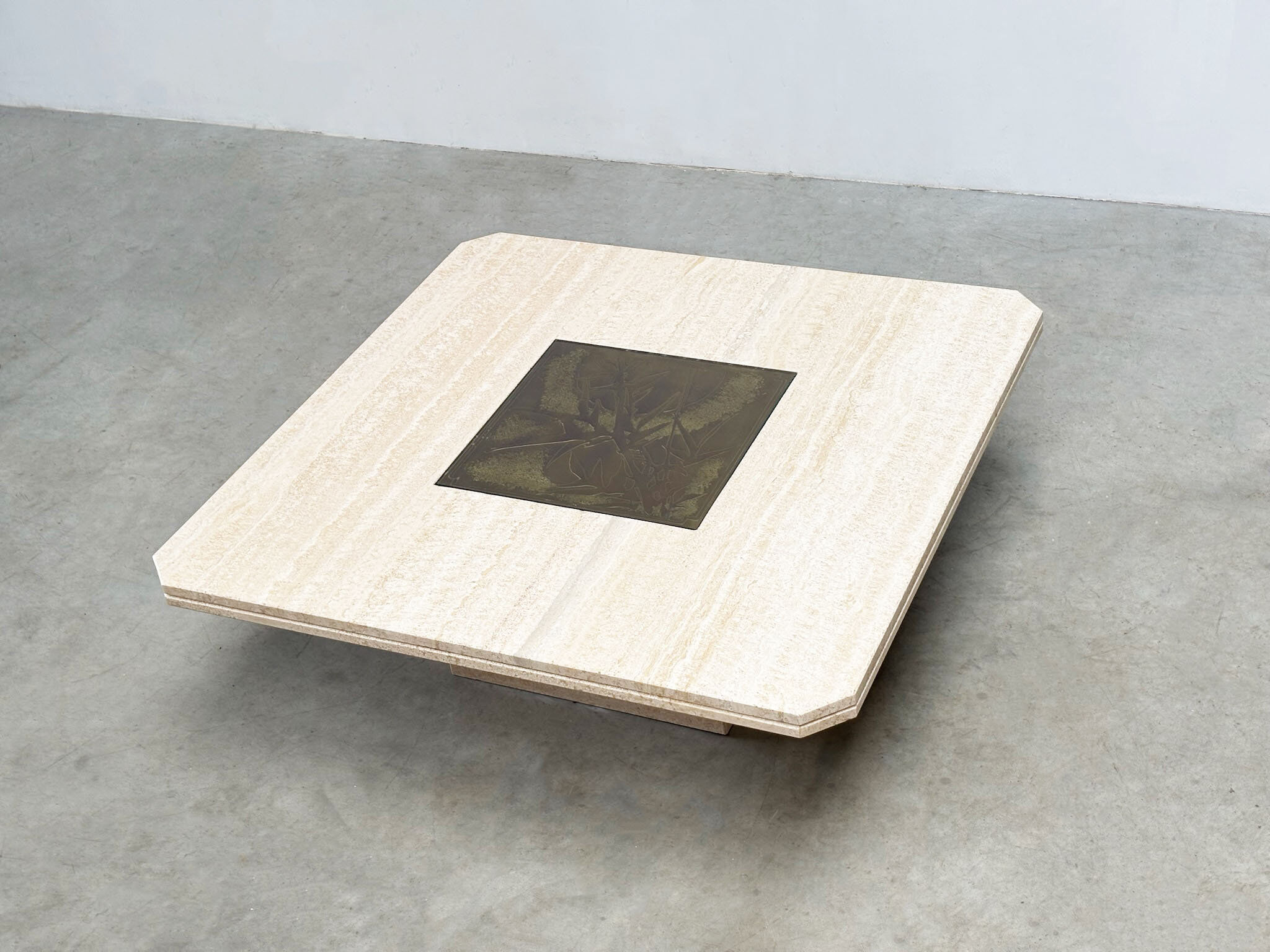 George Mathias square travertine and brass coffee table