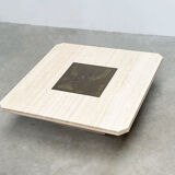 George Mathias square travertine and brass coffee table