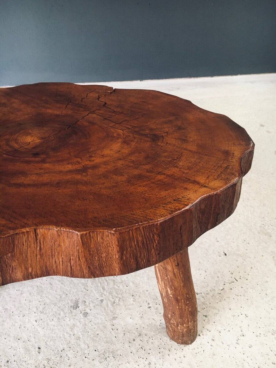 Handcrafted Teak Tree Trunk Tripod Coffee Table, 1960s