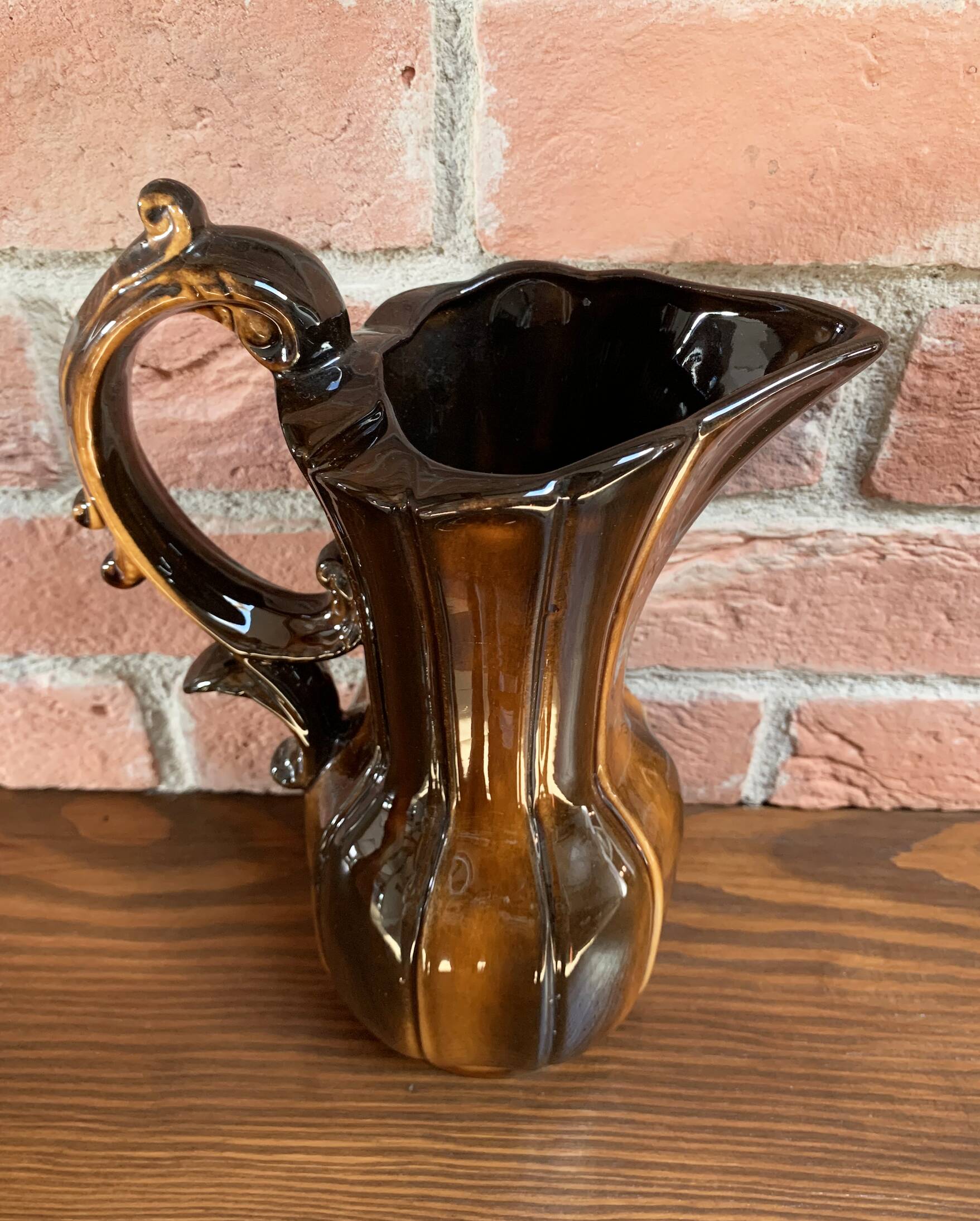 German Pitcher with Vertical Brown Stripes and Rococo Style Handle, Vintage Ceramic Made from Red Cl