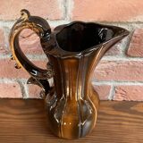 German Pitcher with Vertical Brown Stripes and Rococo Style Handle, Vintage Ceramic Made from Red Cl