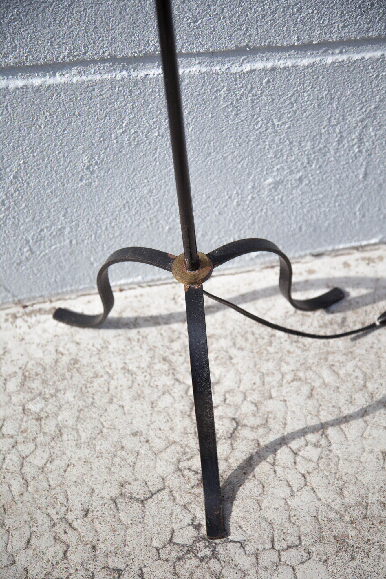 wrought iron and brass floor lamp with tripod leg, vintage floor lamp, 50s