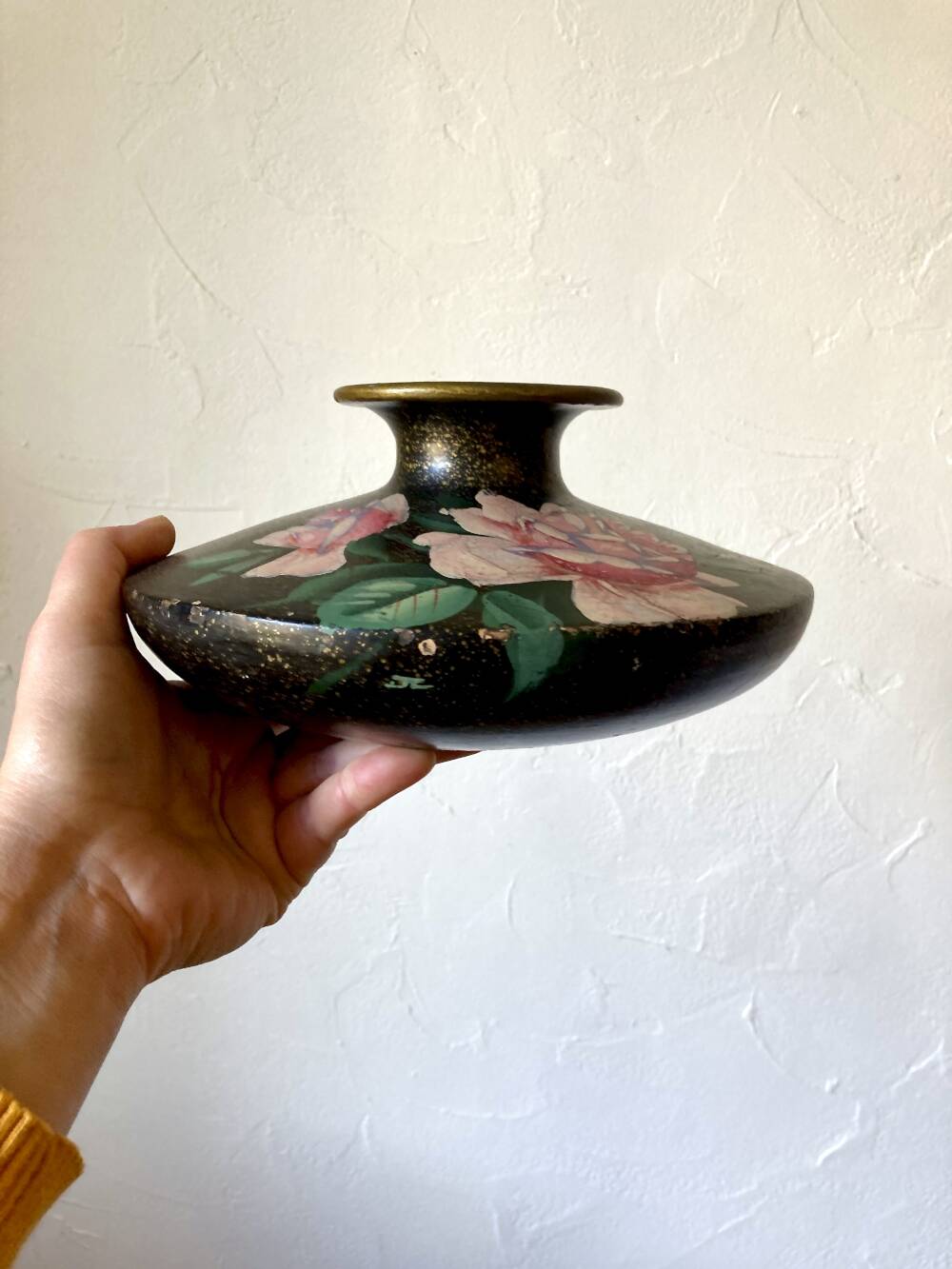 Painted terracotta vase signed with rose motifs, 1950s-1960s.