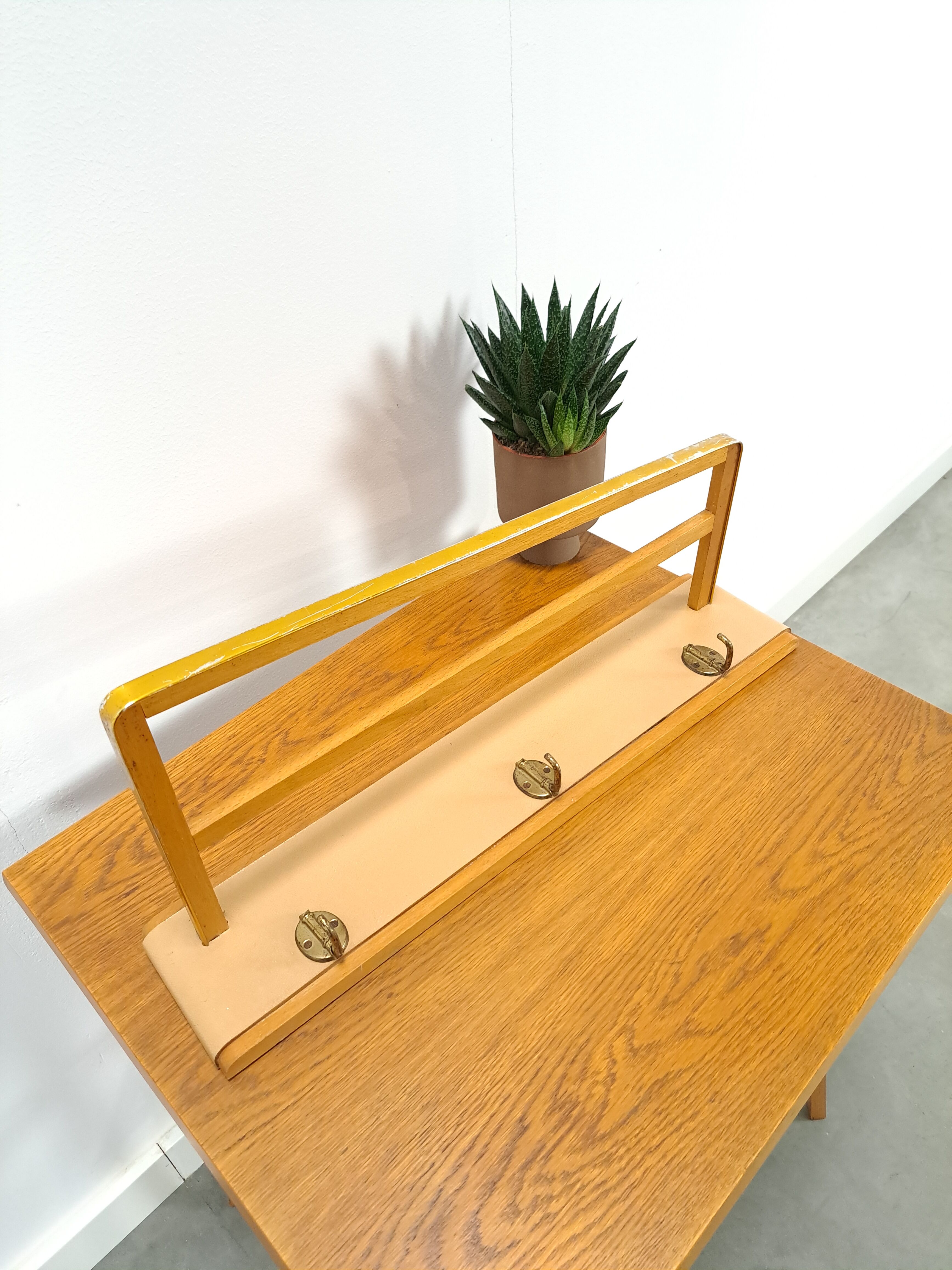 Wall coat rack with brass and leather vintage