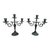 Set of 2 candlesticks 3 bobèches in patinated brass vert-de-gris