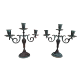 Lot de 2 bougeoirs 3 bobèches en laiton patiné vert-de-gris