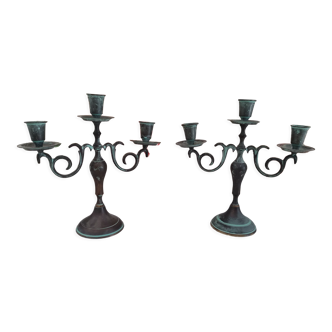 Set of 2 candlesticks 3 bobèches in patinated brass vert-de-gris