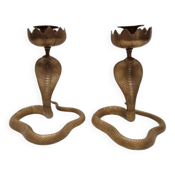 Solid brass cobra candlesticks, 1970s
