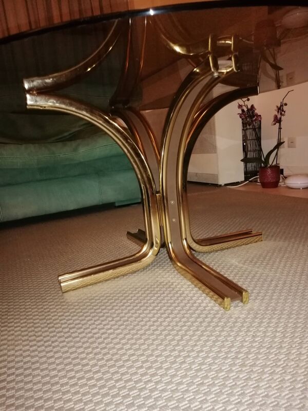 Table basse en laiton acier brossé et dessus de verre attribué à Gastone rinaldi années 1970 70