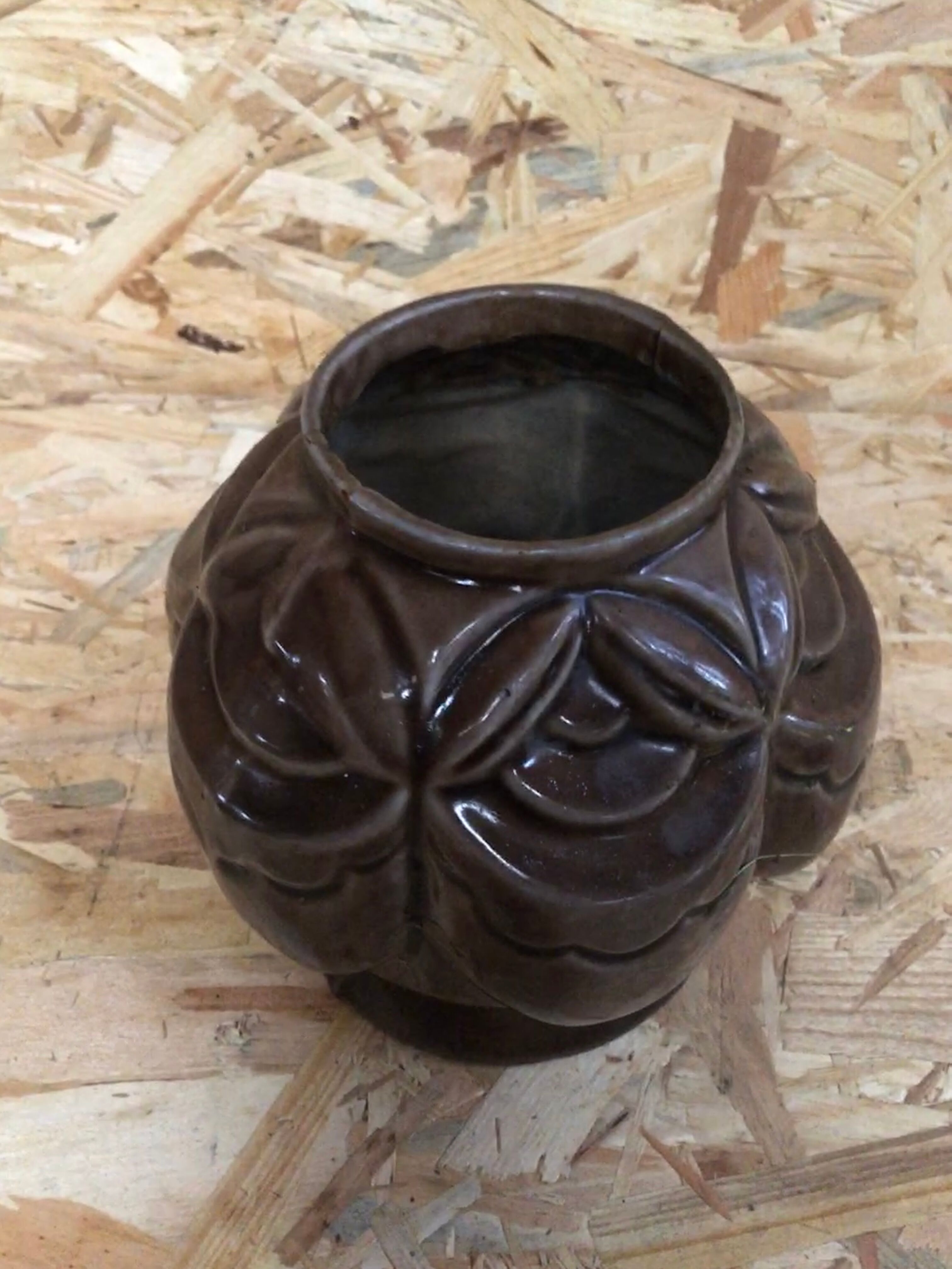 Old art deco vintage brown enameled cast iron plant pot