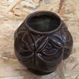 Old art deco vintage brown enameled cast iron plant pot