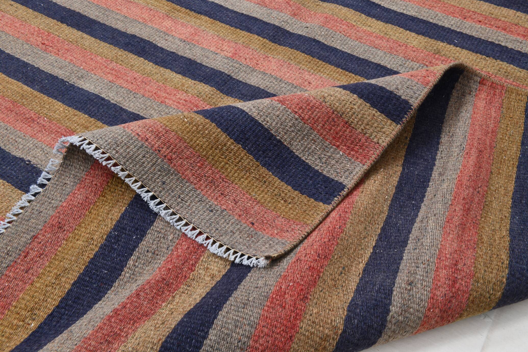 Navy Blue & Terracotta Hand Woven Turkish Striped Kilim Rug, 147x217 Cm