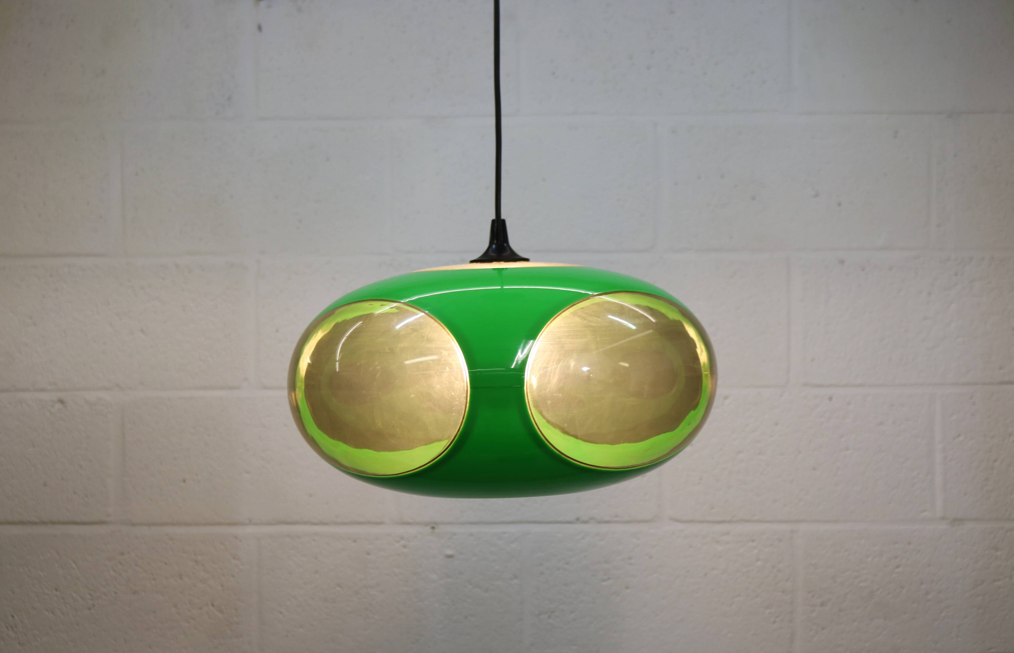Bug-eyed space age green ceiling lamp: massive Belgian UFO light, 1970s.