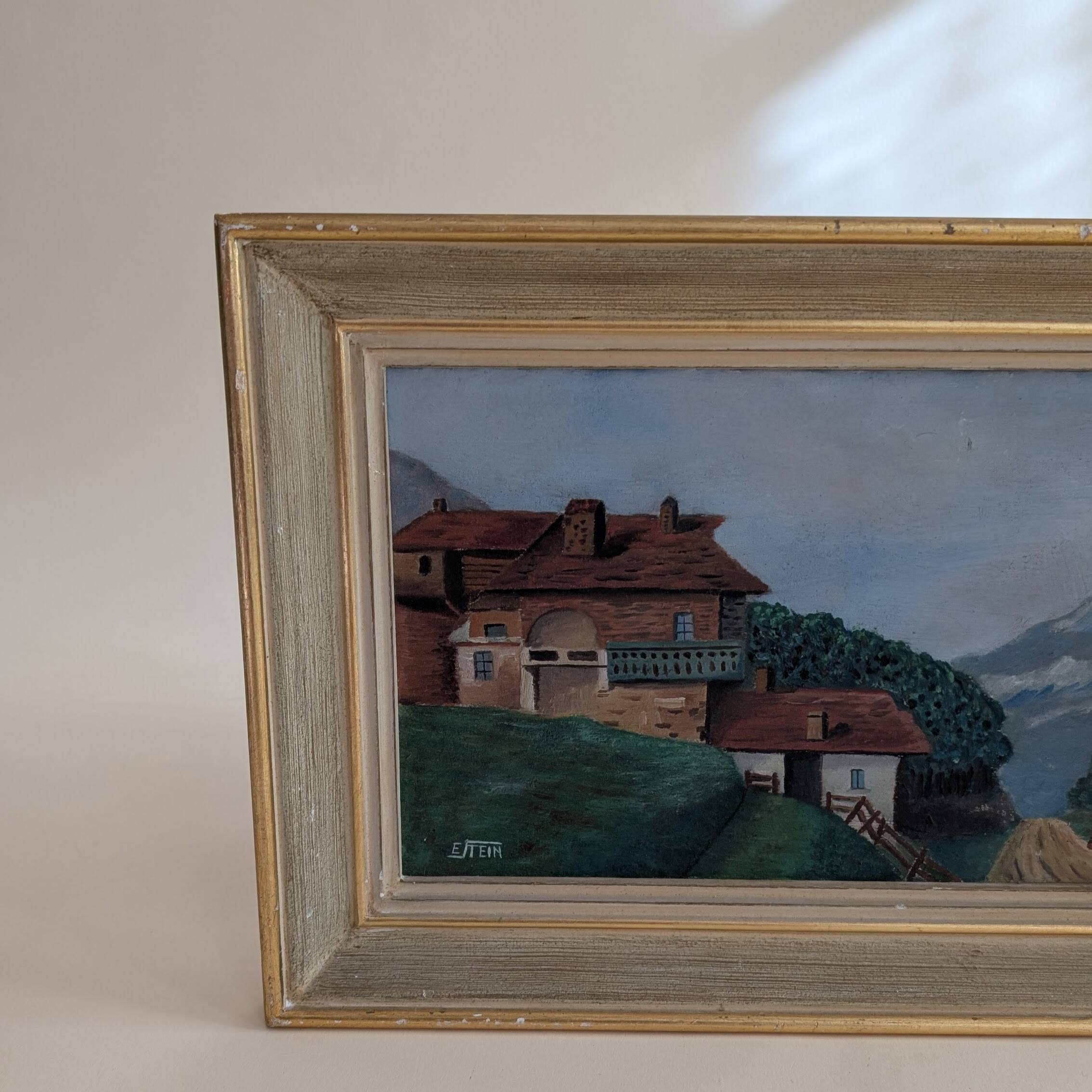 Tableau ancien d'un chalet à la montagne