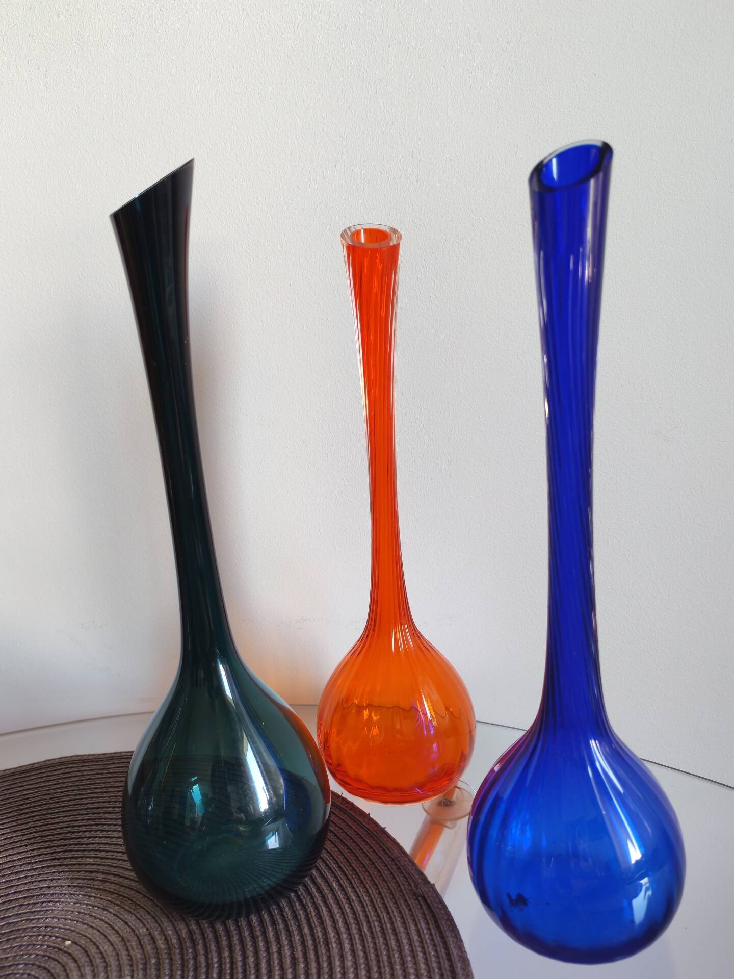 Set of 3 Scandinavian and Polish glass bottle vases from the 1970s.