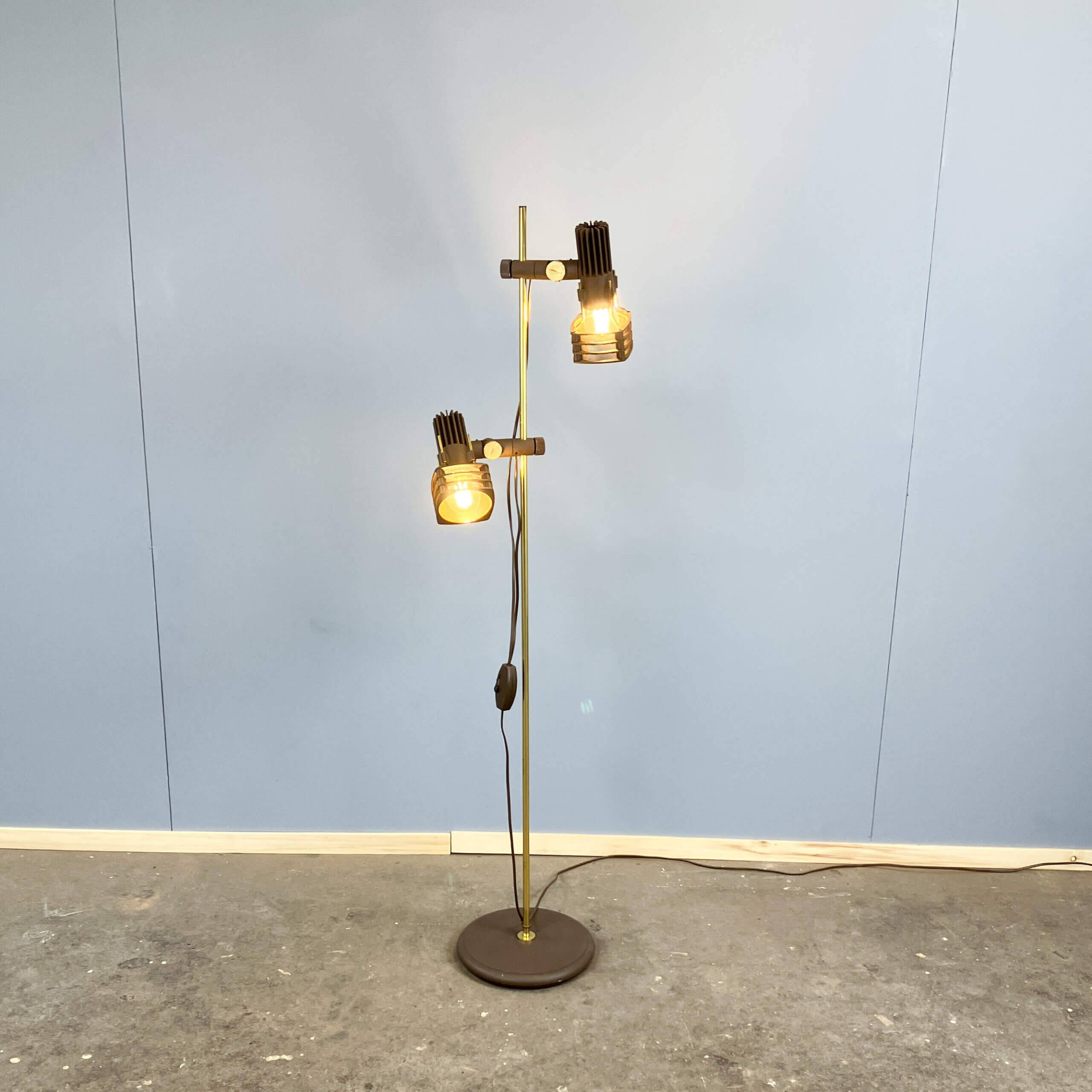 2-bulb floor lamp by Hustadt Leuchten, plastic spotlights on a brass pole, 1970s