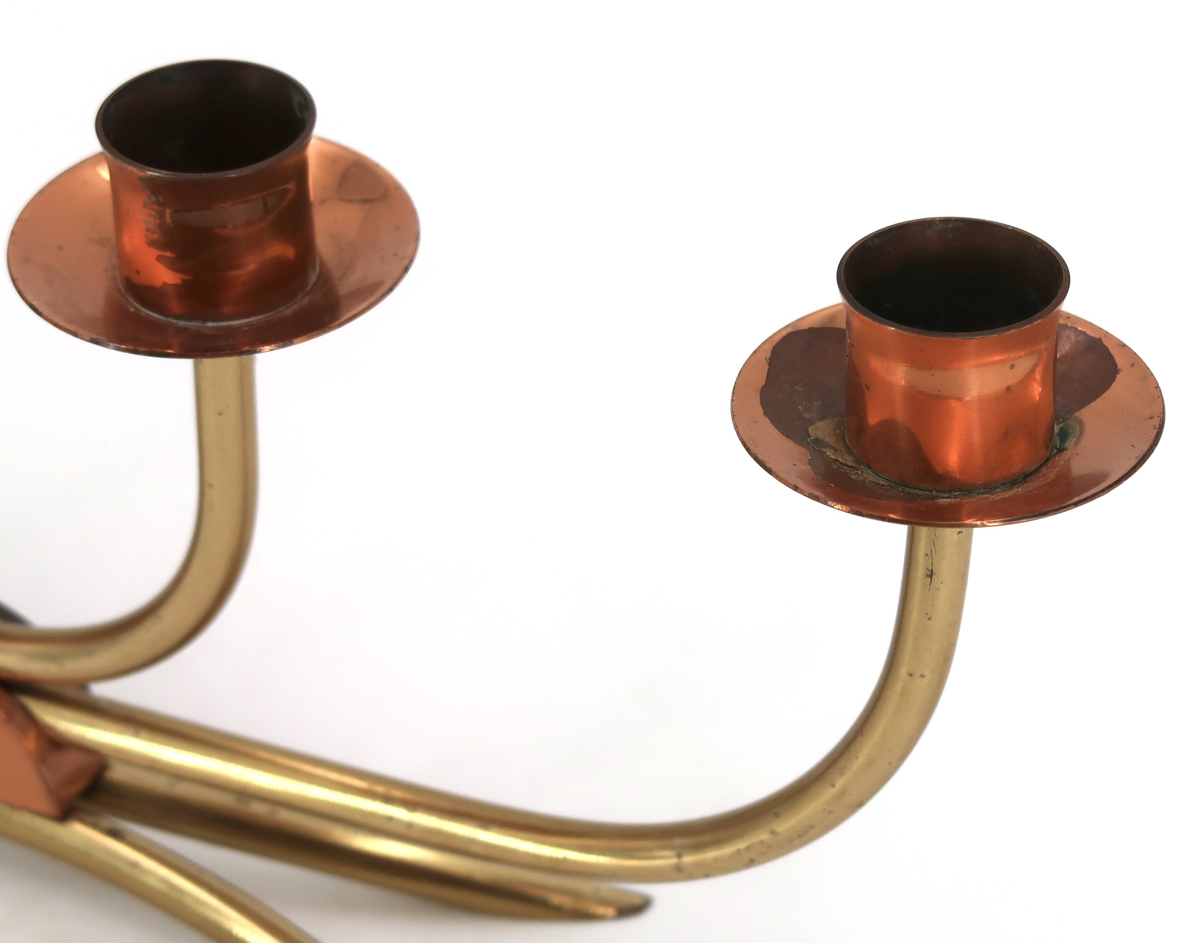 Scandinavian four-branch candlestick in copper and brass, 1950s