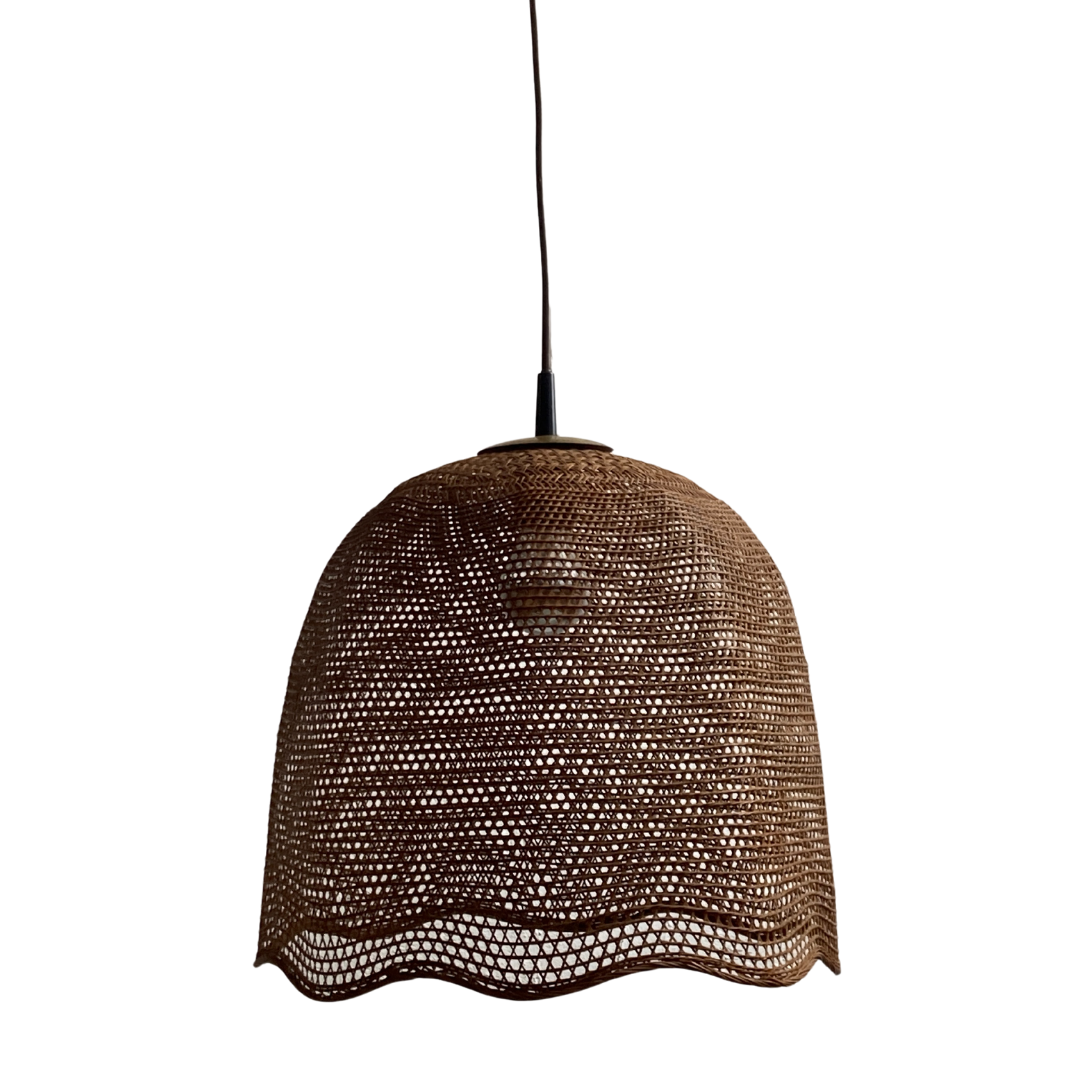 Rattan wicker webbing beehive pedant hanging lamp with brass, Dutch 1960s