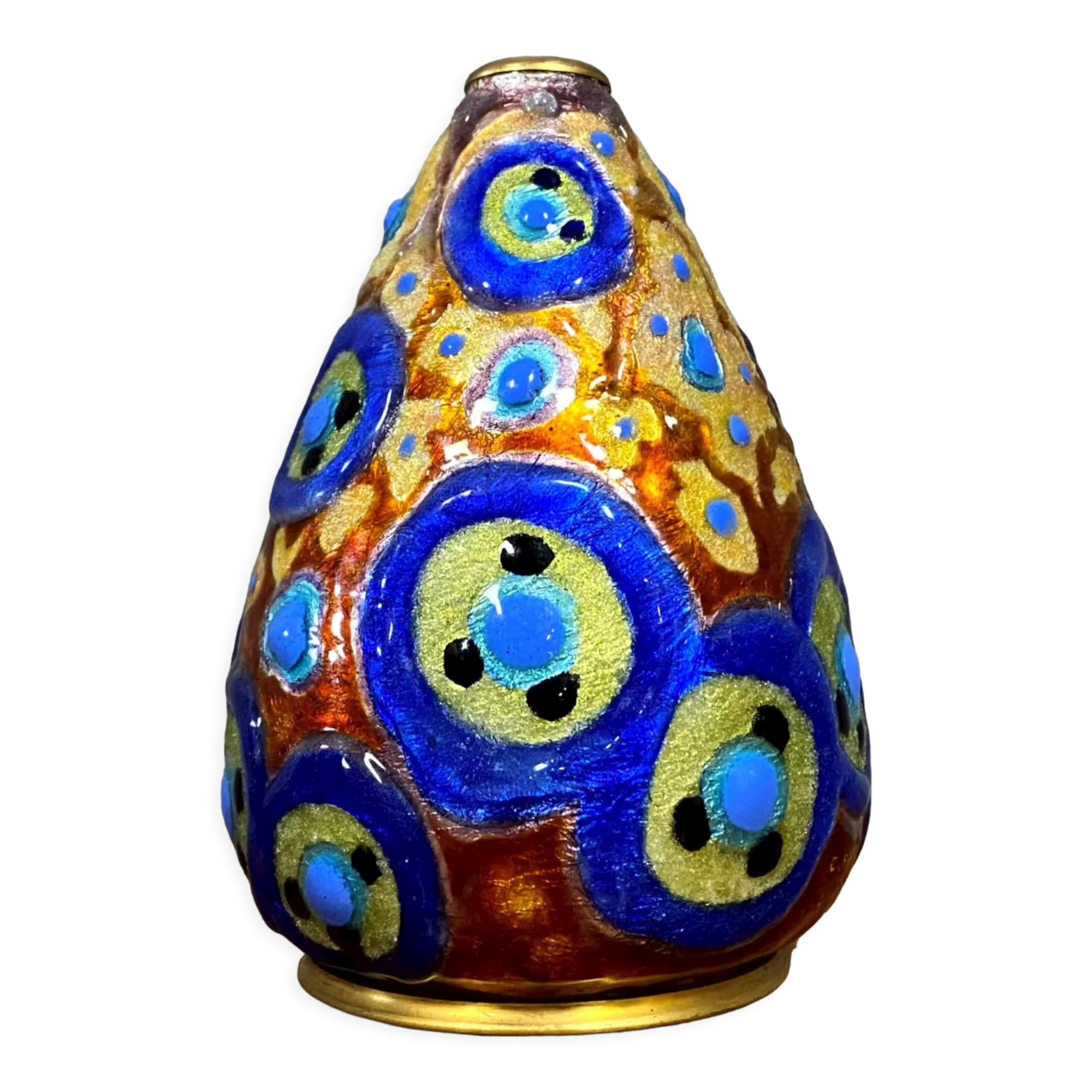 Camille Fauré: Oblong vase circled with brass at the neck and resting on a circular base