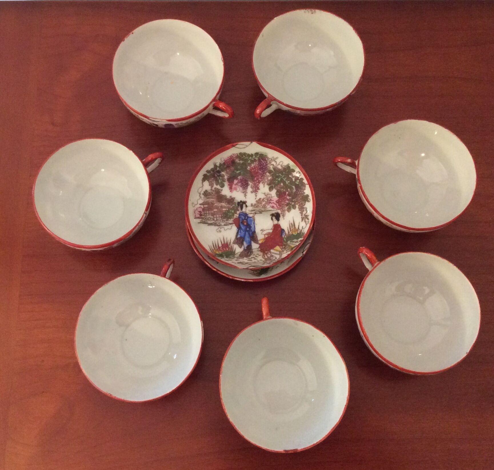 Set of 8 very old fine porcelain cups Japan and 2 under cups