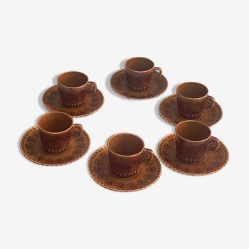 6 tasses et 6 soucoupes en céramique émaillée ocre Digoin France vintage