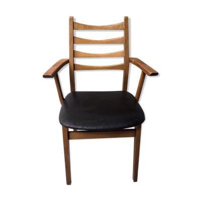Fauteuil bois blond et cuir scandinave années 60