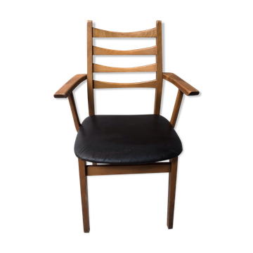 Fauteuil bois blond et cuir scandinave années 60