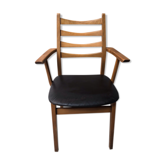 Fauteuil bois blond et cuir scandinave années 60